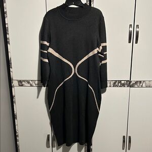 Gabby Skye Charcoal Gray and Beige Long Sleeve Dress